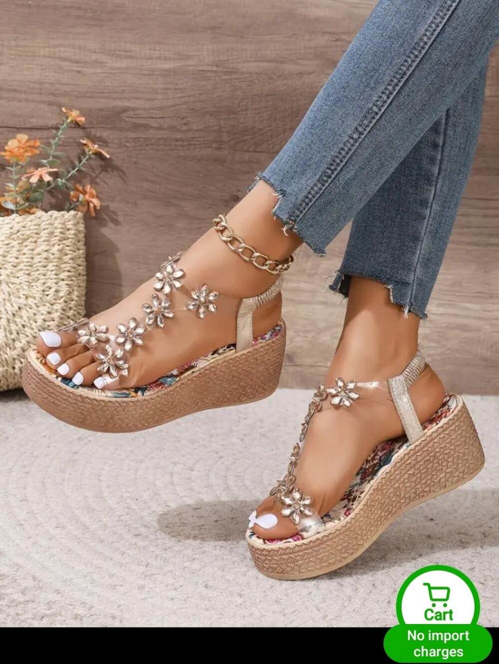 New Wedges With Champane Flowers, sling Back, Dress Up Or Down 7.5-8